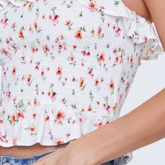 | f21• sunshine white floral smocked flounce top • small | - Picture 5 of 5